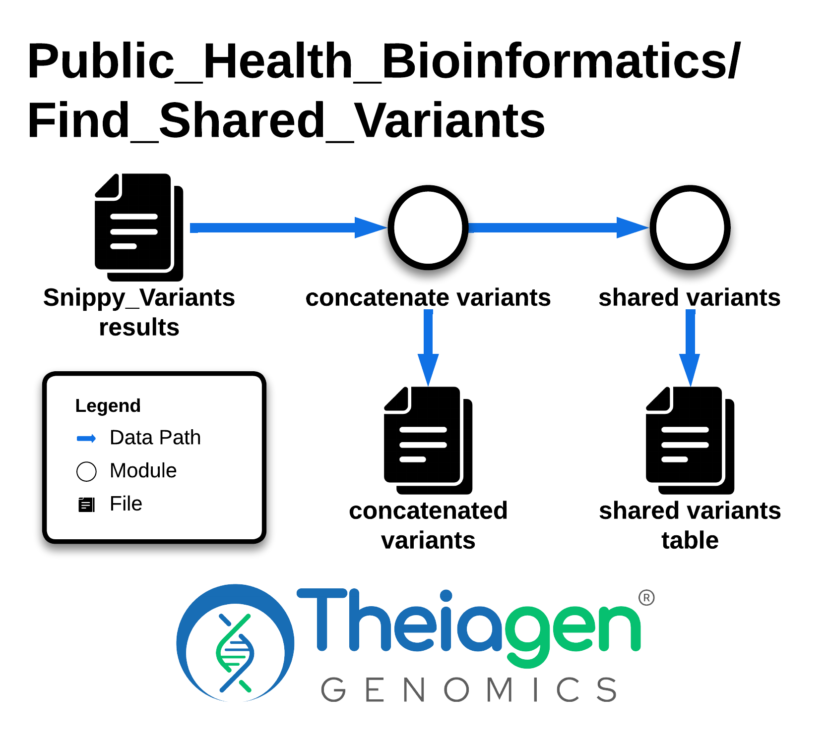 Workflow diagram showing Find_Shared_Variants, which takes Snippy_Variants results, concatenates them, and outputs a concatenated variants file and a shared variants table.