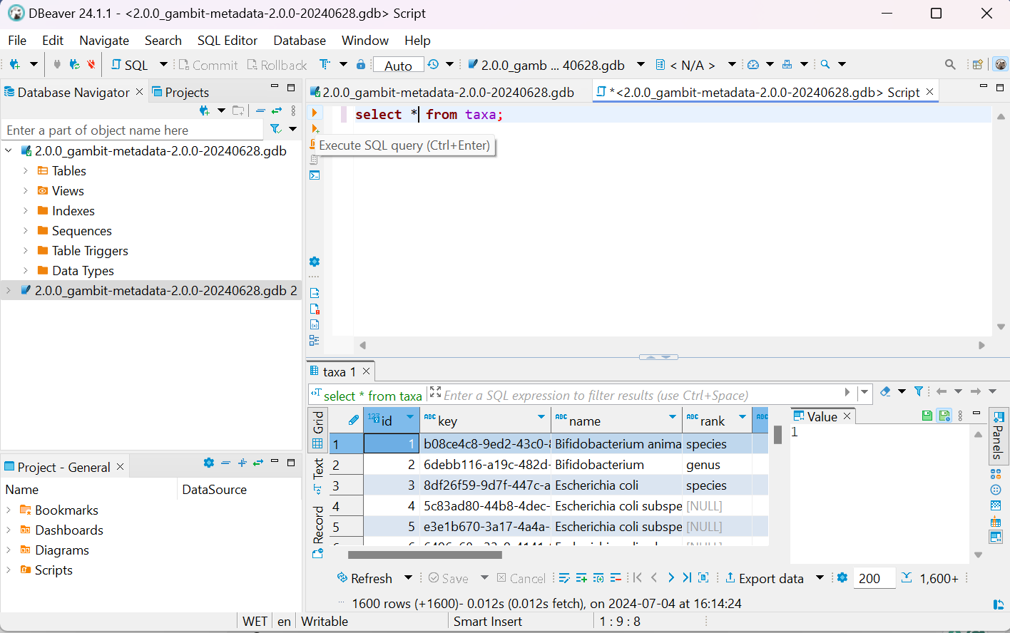DBeaver showing results of "select * from taxa;" run against the GAMBIT metadata database, listing bacterial taxa with id, key, name, and rank columns.