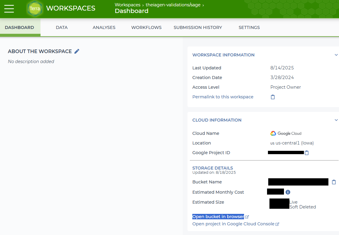 Terra workspace Dashboard showing the Storage Details section, with the "Open bucket in browser" link highlighted to indicate where to click to access the Google Cloud bucket.