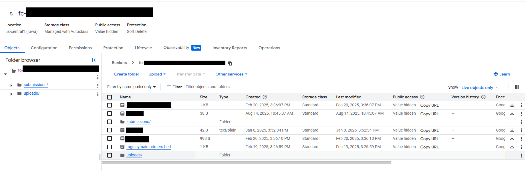 Google Cloud Storage bucket browser showing a folder tree with submissions/ and uploads/ directories and a file listing in the main panel.