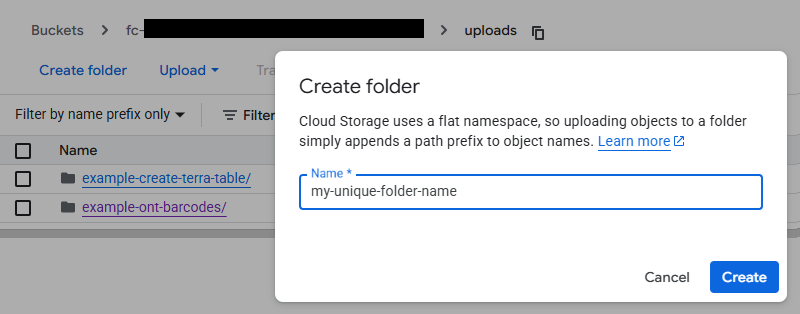 Google Cloud Storage "Create folder" dialog with the Name field filled in as "my-unique-folder-name", ready to create a new folder in the uploads bucket.