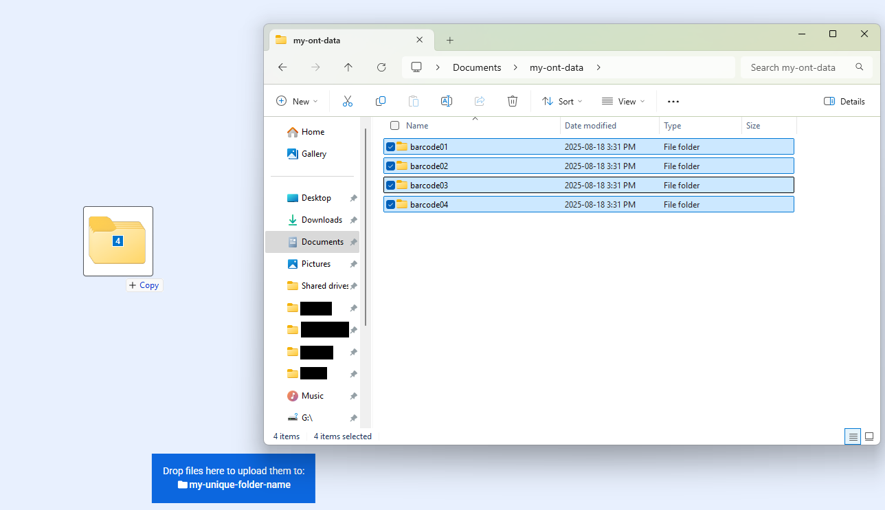 Windows File Explorer showing four barcode folders (barcode01–barcode04) all selected, being dragged to a drop zone labeled "Drop files here to upload them to: my-unique-folder-name".
