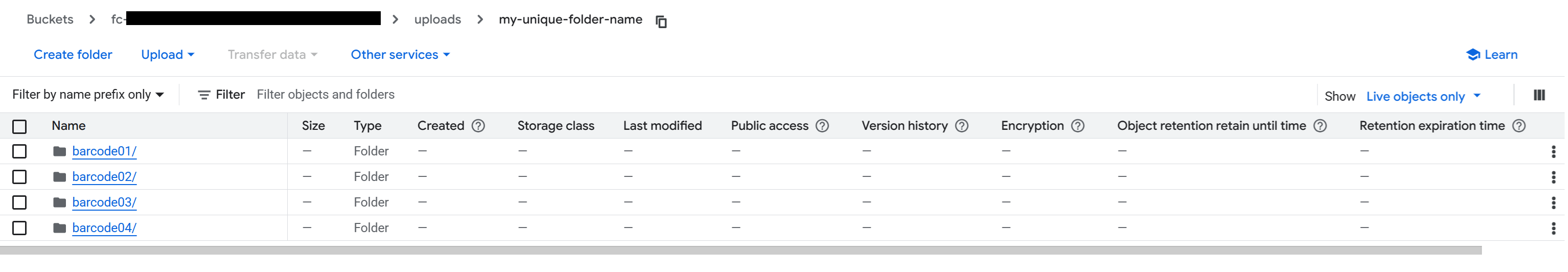 Google Cloud Storage bucket view showing four barcode subfolders (barcode01/ through barcode04/) successfully uploaded inside the designated uploads folder.