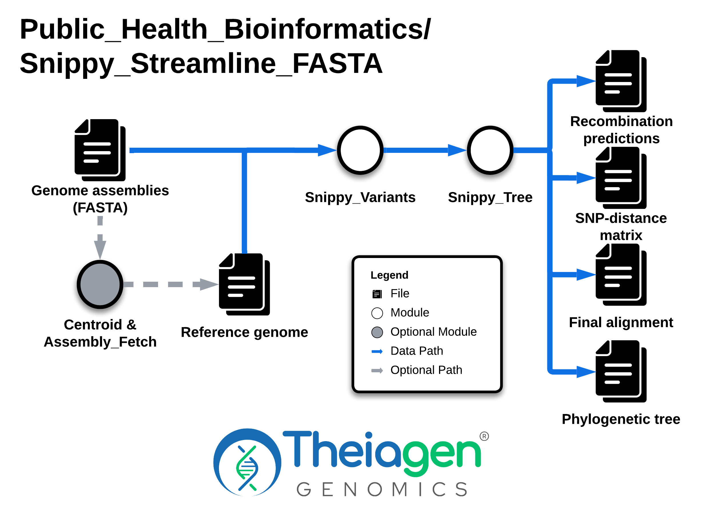 Workflow diagram for Snippy_Streamline_FASTA: genome assemblies (FASTA) and an optional reference genome feed into Snippy_Variants and Snippy_Tree modules, producing recombination predictions, a SNP-distance matrix, a final alignment, and a phylogenetic tree.