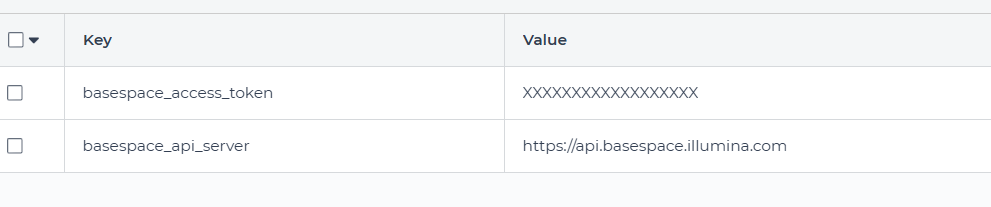 Workspace data table showing the basespace_access_token and basespace_api_server key-value pairs required for BaseSpace configuration.
