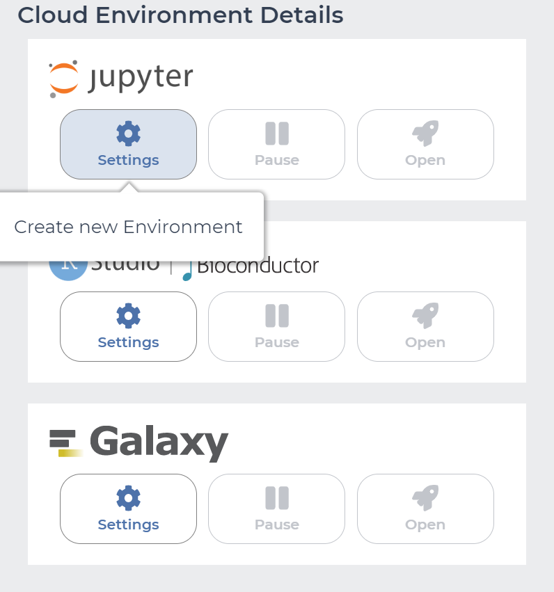 Terra Cloud Environment Details panel showing the Jupyter Settings button selected, with a "Create new Environment" dropdown option visible.
