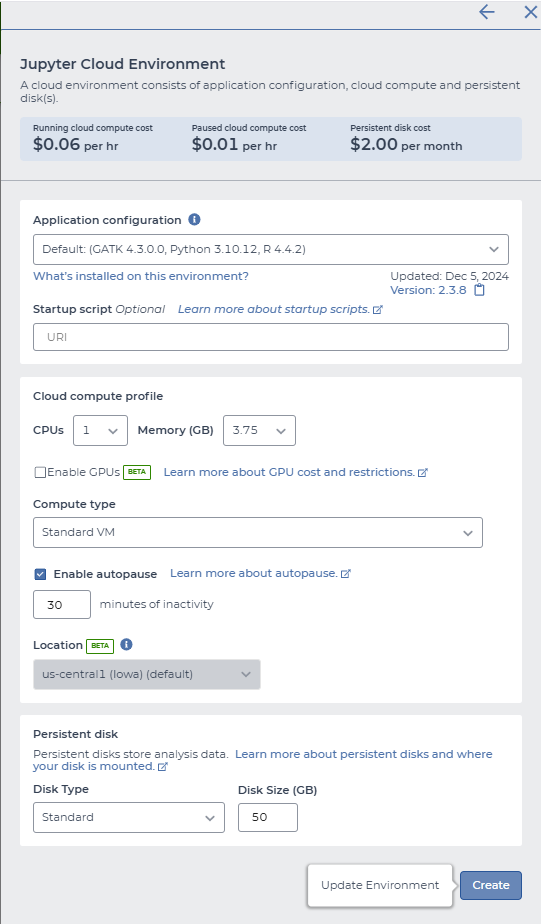 Terra's Jupyter Cloud Environment setup panel showing default application configuration, cloud compute profile settings, and a Create button to launch the environment.