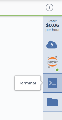 Terra cloud environment sidebar with the Terminal icon (command prompt symbol) highlighted and a tooltip reading "Terminal".