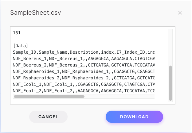 A dialog box previewing SampleSheet.csv contents, showing sample IDs, names, and index sequences, with Cancel and Download buttons.
