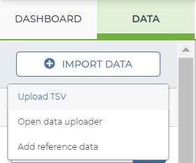 Terra Data tab showing the Import Data dropdown menu with "Upload TSV" highlighted as the selected option.