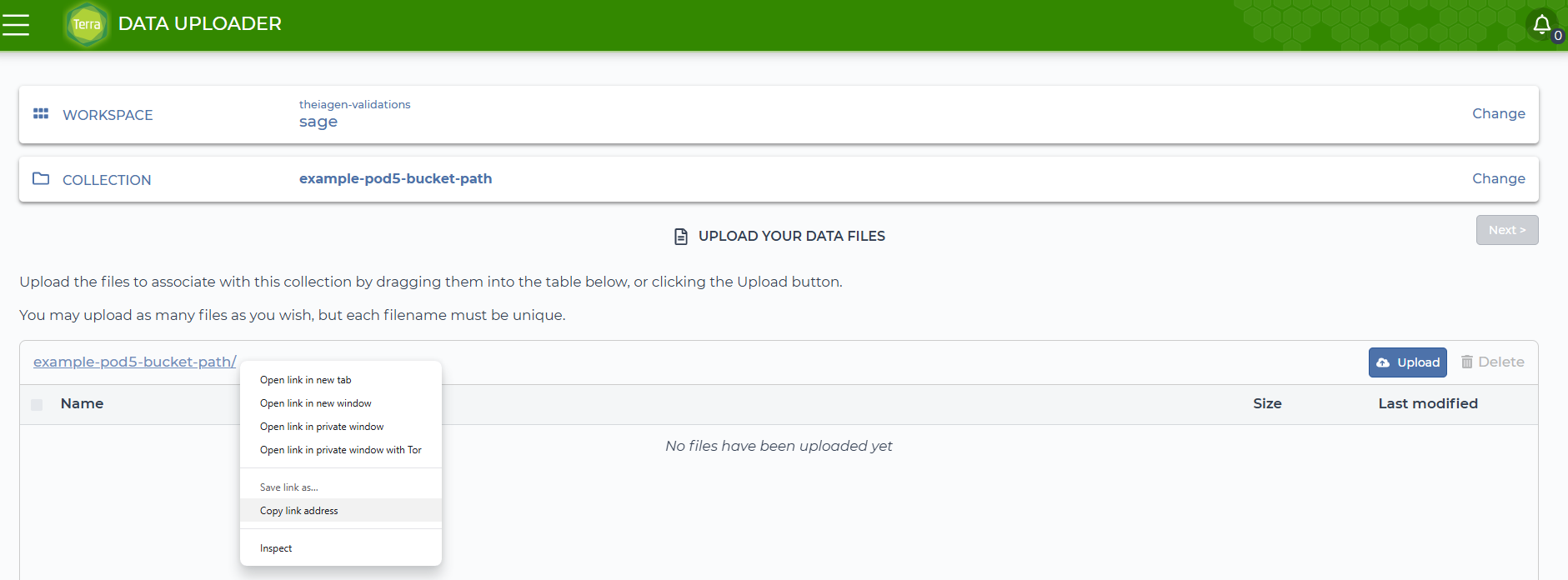Terra Data Uploader showing a right-click context menu on the collection bucket path link, with "Copy link address" highlighted to copy the POD5 bucket path.