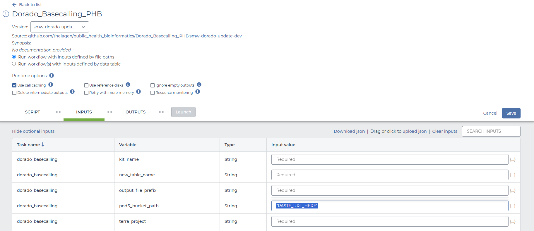 Terra workflow configuration page for Dorado_Basecalling_PHB showing the Inputs tab with required fields including kit_name, pod5_bucket_path, and terra_project, with the pod5_bucket_path field highlighted.